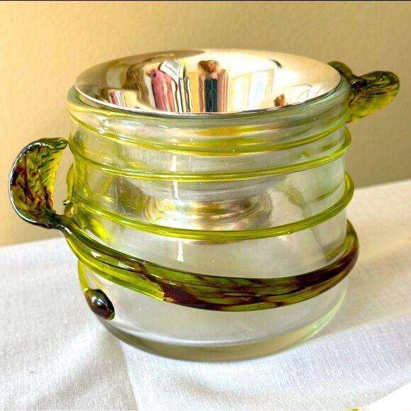 Hand Blown Caged Glass Silver Chalice Bowl Candy Treats Nuts Fancy 2 Piece Set - Picture 2 of 9